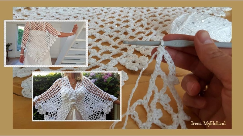 1)Шаль накидка крючком маленькиe цветочки, Haken tutorial omslagdoek stola,
